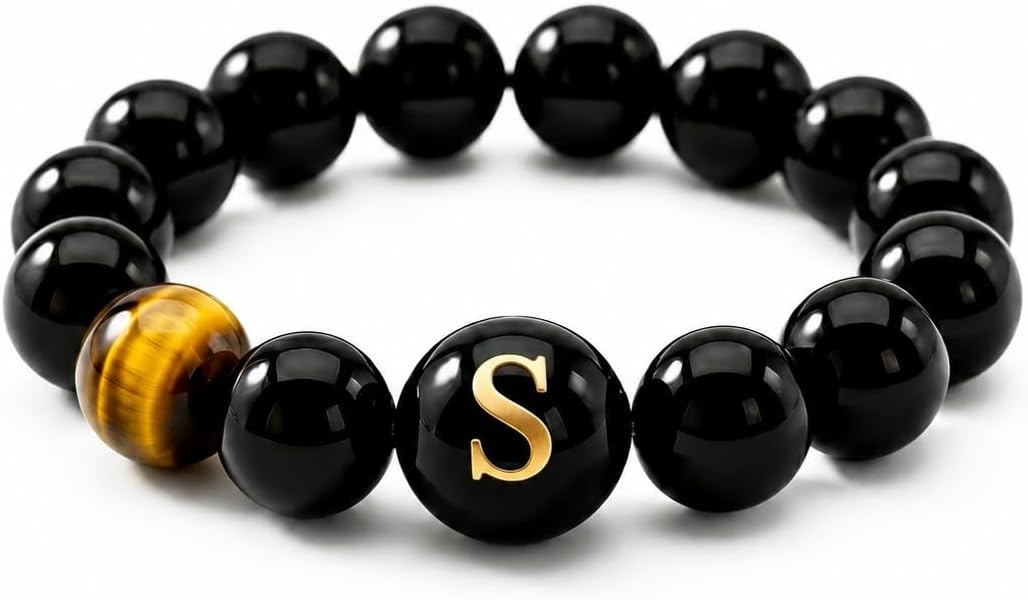 Initial Ring for Women, Black Onyx Beaded Stretch Letter Ring | Personalized-style A-Z initial ring with black onyx beads, shell letter bead, stretch fit, and gift-ready box