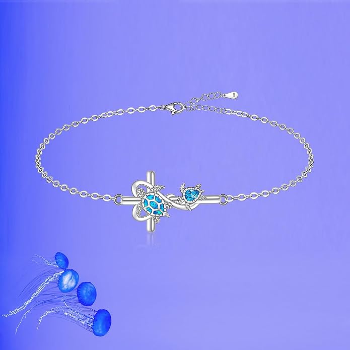 Fenthring Turtle Anklet S925 Sterling Silver Blue Opal Sea Turtle Ankle Bracelets for Women Infinity Wave Ocean Beach Summer Foot Bracelet Jewelry Layered Adjustable