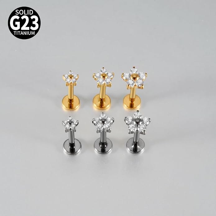 3PCS Titanium Mix Sizes Flower Zircon Lip Piercing Internal Thread Cz Small/Large Flower Labret Tragus Ear Cartilage Flat Piercing