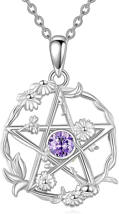 Birthstone Pentagram Necklace for Women 925 Sterling Silver Pentacle Daisy Pendant Pentacle Jewelry Birthday Gifts