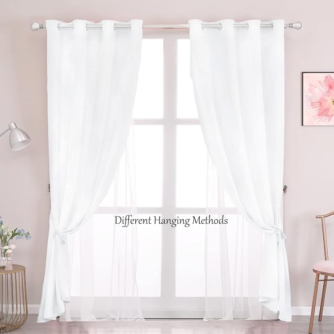Winter White Curtains Double Layered Solid and Sheer Window Treatment Panels Pair with Grommet Top for Living Room Patio Door, 52 x 96 inches, Winter White, 2 PCs