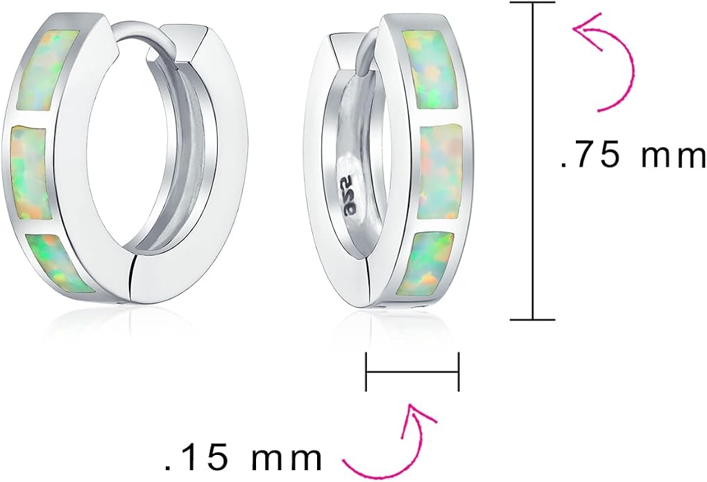 Bling Jewelry White Created Opal Inlay Iridescent Huggie Hoop Earrings .925 Sterling Silver October Birthstone