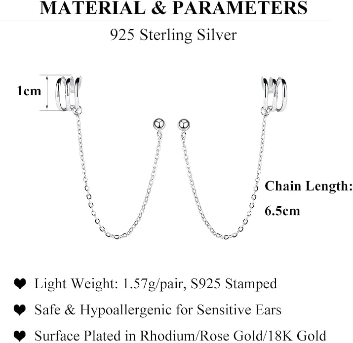 SLUYNZ 925 Sterling Silver Cuff Earrings Chain for Women Crawler Earrings Studs