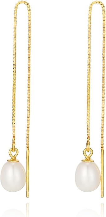 JaruJaru Vermeil Chain Freshwater Pearl Earrings for Women, Gold Threader Earrings, Gold plated on S925 Sterling Silver, Hypoallergenic Thread Through Dangle Earrings