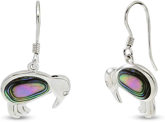 Abalone Shell Animal Dangle Earrings for Women (Kiwi Bird, Cat, Seahorse) in 14K White Gold Over 925 Sterling Silver, Iridescent Fishhook Drop Jewelry Gift