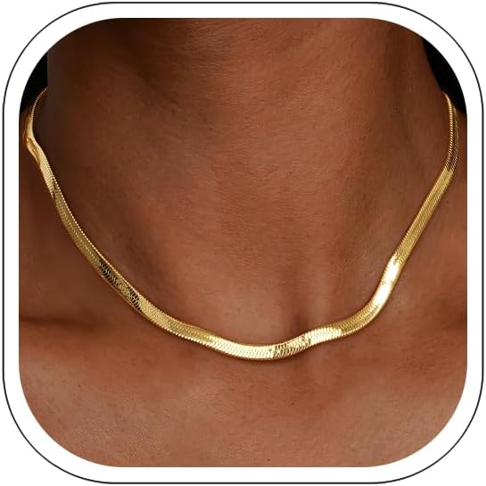 Jewlpire Silver/18K Gold Plated Herringbone Necklace for Women, 3mm 4mm 5mm Necklace for Women, Flat Snake Chain Necklaces, Fashion Women's Chain Necklaces 16 18 20 22 24 Inch