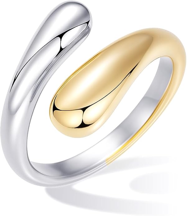 Non Tarnish Gold Chunky Rings for Women, 14K Gold Plated Statement Dome Rings Stacking Silver, Adjustable Mens Eternity Wedding Band Mixed Metal Jewelry Size 3-13