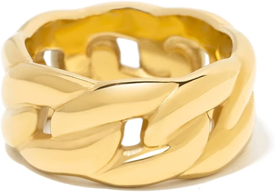 Chunky Statement Rings for Women, Wide Signet Dome Croissant Twist Band Non-Tarnish 18k Gold Plated Stainless Steel Size 5-11