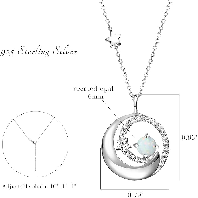 FANCIME Birthstone Necklaces 925 Sterling Silver Moon and Star Pendant Fine Jewelry Birthday Mothers Day Gifts for Mom Wife Her Daughter, Adjustable Chain 16+2"