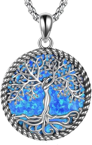 Tree of Life Necklace 18K White Gold Plated Turquoise/Pearl Shell/Malachite/Abalone Shell/Blue Opal/Black Onyx Tree Necklace Jewelry Gift for Women Men,22+2"