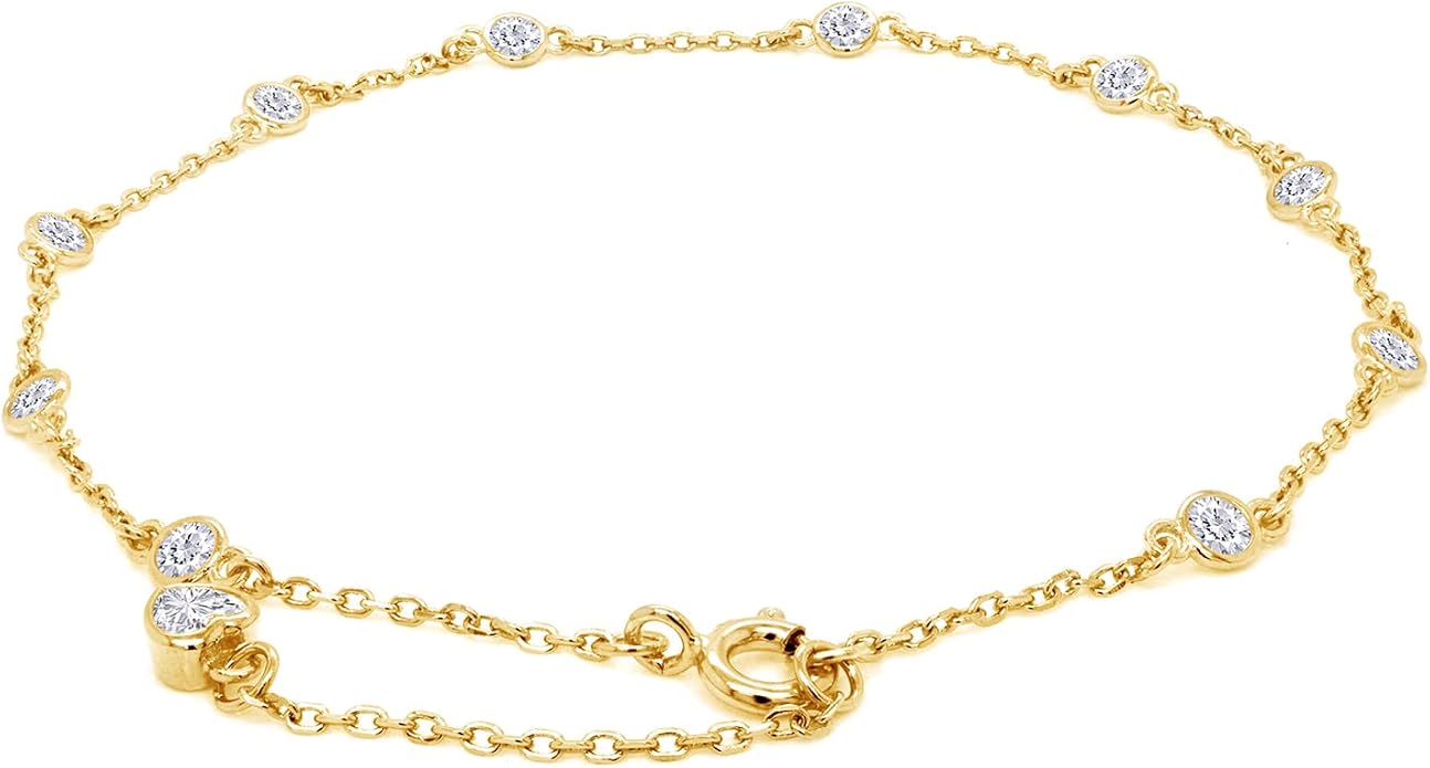 Station Anklet Bracelet For Women 3MM Round Lab Created Moissanite Bezel Set Single Piece Dainty Link Chain Anklet in 14K Gold Plated 925 Sterling Silver 8" to 10" Fine Jewelry
