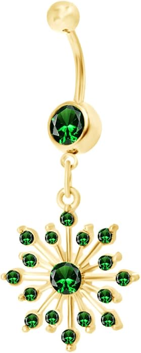 AFFY Snowflake Belly Button Ring for Women Simulated Birthstone, Round Cut Gemstone in 14K Gold Over 925 Sterling Silver, Navel Barbell Piercing Jewelry for Her
