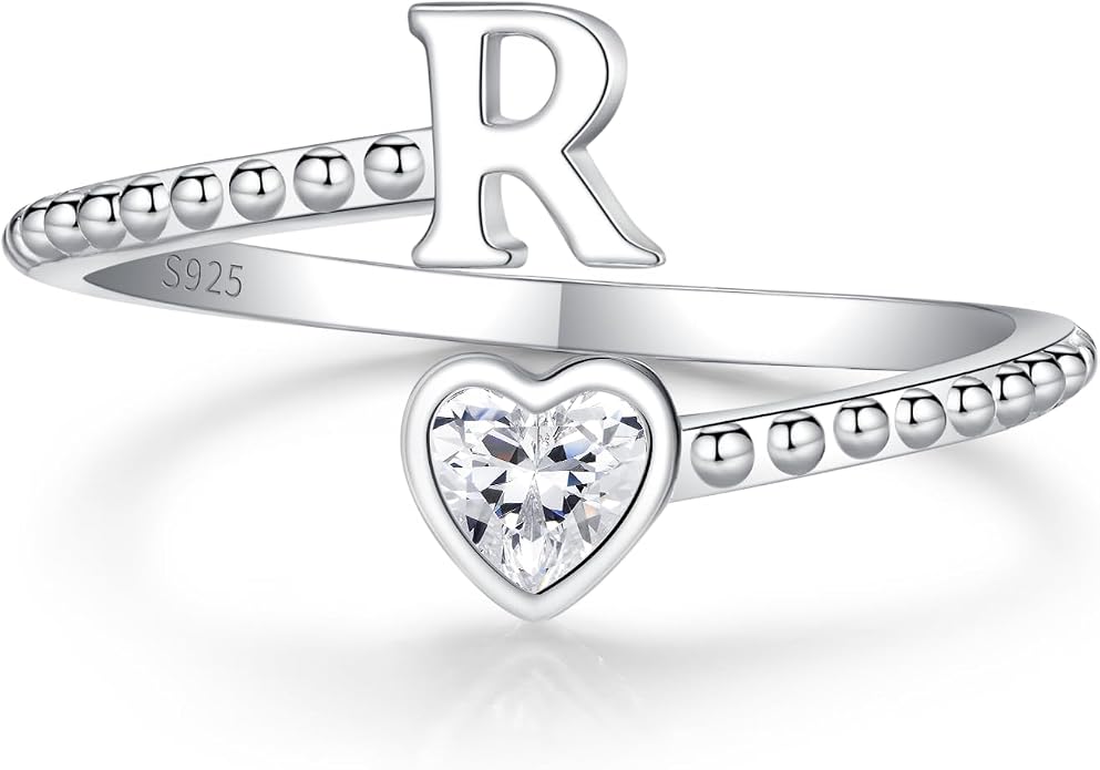 Step Forward 925 Sterling Silver Adjustable Initial Ring for Women | Non Tarnish Letter Rings for Lady | Alphabet Heart Thumb Rings | Capital Letter Jewelry Gifts