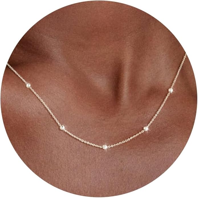 Carffordo 925 Sterling Silver Chain Necklace 16K Gold Plated Beaded Chain Necklace for Women Simple Dainty Choker Necklace Satellite Waterproof Link Necklace Trendy Jewelry Gifts