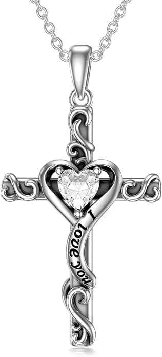 TOUPOP Cross Birthstone Necklace for Women 925 Sterling Silver Heart Cross Pendant I Love You Jewelry Anniversary Birthday Mothers Day Gifts for Mom Wife Her