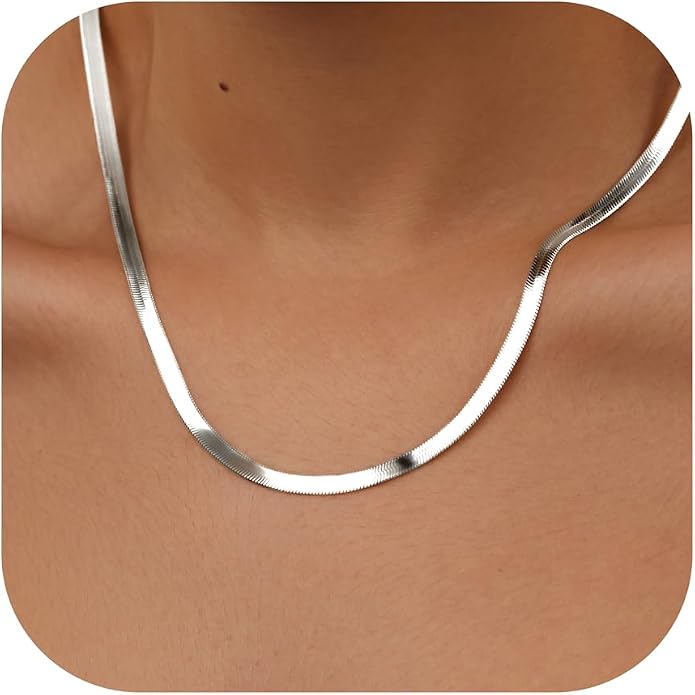 WomenGifts 14K Gold Silver Plated Herringbone Necklace for Women, Dainty Snake Chain Choker, Trendy Simple Long Layered Jewelry Non Tarnish, 3/4/5/8mm,14,16,18,20,22,24,26 Inch Thin & Chunky Options