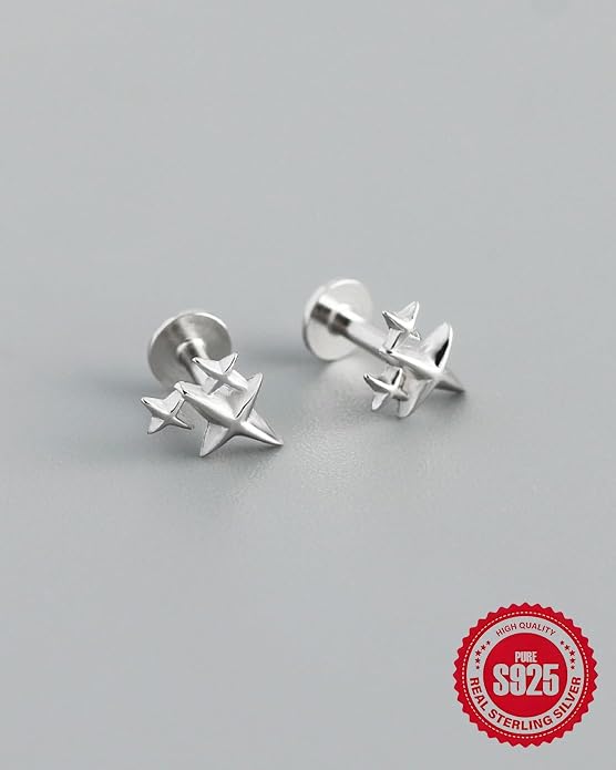 925 Sterling Silver Star Flat Back Cartilage Earrings Helix Tragus Conch Studs Hypoallergenic Internally Threaded Pair Minimalist Labret Lip Nose Ear Piercing Jewelry