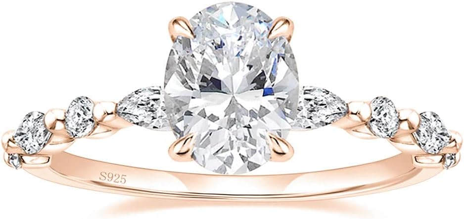 EAMTI 3 Carats 925 Sterling Silver Ring Oval Cut Cubic Zirconia Engagement Solitaire Marquise Promise Ring for Women Size 3-13