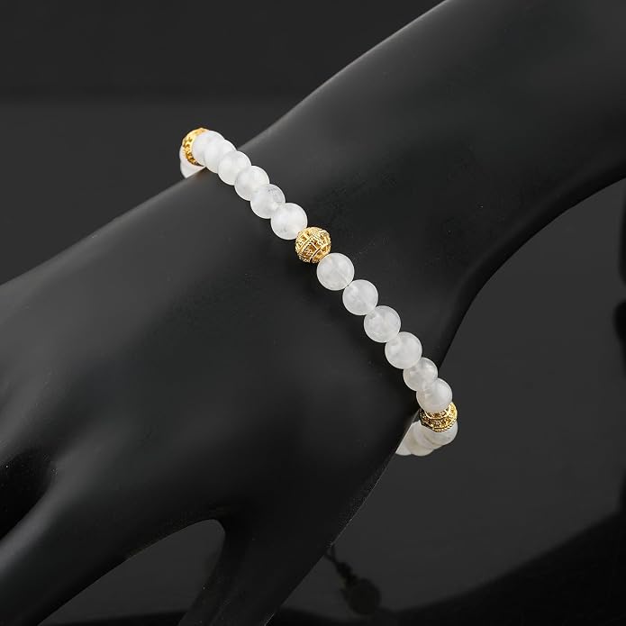 AAA Grade Natural Gemstone Beaded Bracelet, 14K Gold Plated with Evil Charm, Wicca & Reiki Healing Crystals, Handmade Bohemian Jewelry, Christmas Gift for Women (7+1inch)