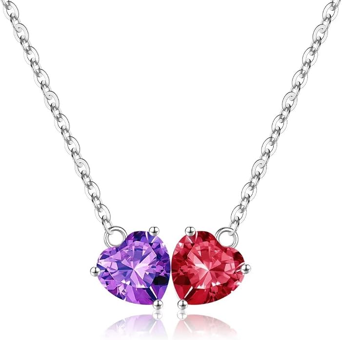 Iefil 1.25Ct Double Heart Birthstone Necklace - 925 Sterling Silver Birthstone Necklace, Birthday Gifts for Women, Jewelry Gifts for Mom Daughter Wife