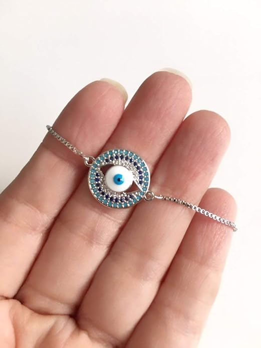 SIFRIMANIA Evil Eye Adjustable Sliding Bead Shiny Bracelet Lucky Charms Jewelry for Women of All Ages