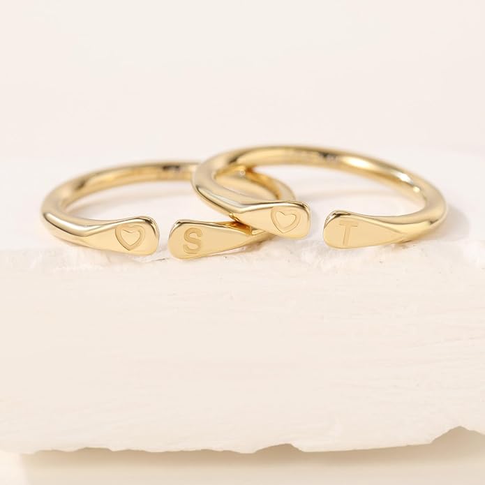 14k Gold Filled Hand Carving Initial Rings for Women Non Tarnish Wedding Heart Shaped Bands for Women
