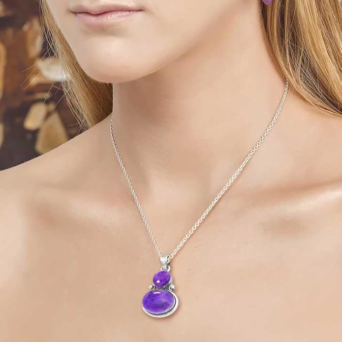 Handmade Genuine 925 Sterling Silver Pendant Necklace Natural Gemstone Crystal, Lapis, Onyx, Amber Oval Round Boho Jewelry For Women