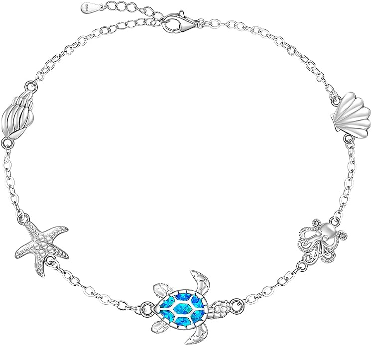 Sea Turtle Ankle Bracelets for Women Blue Opal Sterling Silver Beach Starfish Octopus Conch Ocean Anklets Jewelry Gifts
