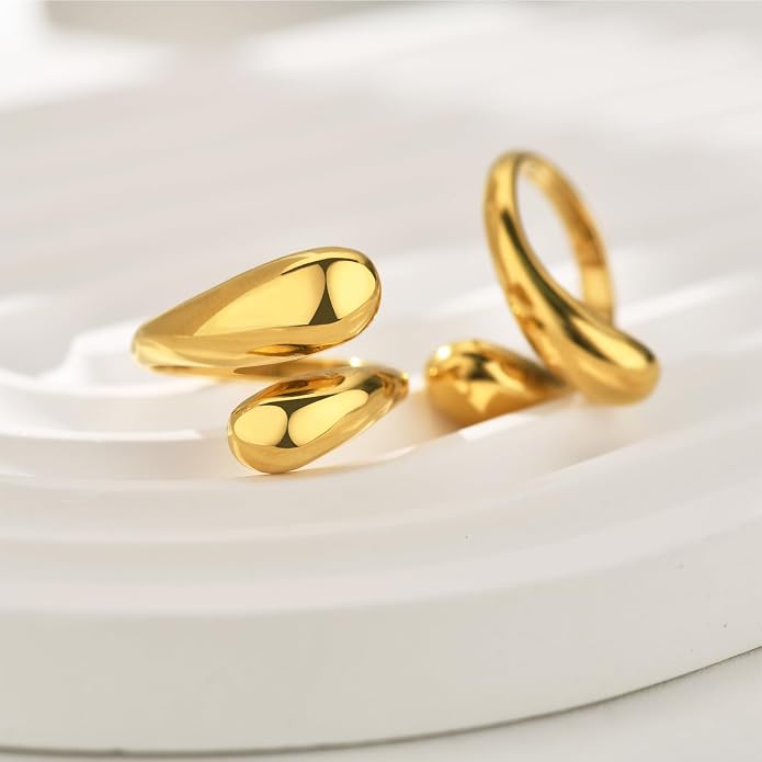 NOKMIT Chunky Gold Rings for Women Adjustable Open Teardrop Wrap Bypass Statement Band Gold Silver Tone High Polished Smooth Comfort Fit