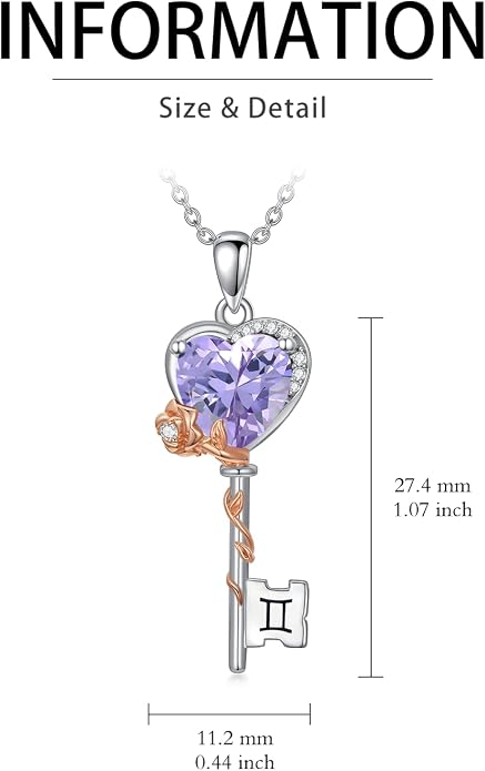 OCJ Zodiac Necklace for Women 925 Sterling Silver Rose Flower Key Pendant Necklaces Zodiac Birthstone Jewelry Wife Birthday Anniversary Christmas Gifts for Her