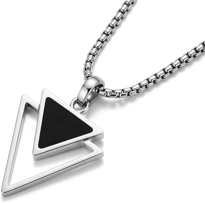 Galis Mens Necklace - Premium Stainless Steel Silver Chain Necklace, Non Tarnish, Chains, Triangle, Cross, Black Enamel, Compass Pendant, Stylish Jewelry - Gift for Him 24"