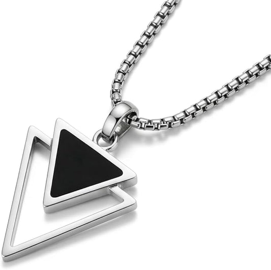 Galis Mens Necklace - Premium Stainless Steel Silver Chain Necklace, Non Tarnish, Chains, Triangle, Cross, Black Enamel, Compass Pendant, Stylish Jewelry - Gift for Him 24"