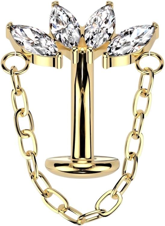 Pierced Owl 14GA ASTM F-136 Implant Grade Titanium Threadless Push-In CZ Crystal Marquise Fan with Dangling Chain Floating Belly Button Ring (Gold Tone)