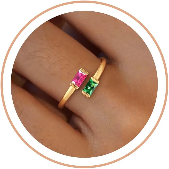 Honsny Gold Birthstone Rings for Women Non Tarnish 14K Gold Plated Adjustable Emerald Ring Cubic Zirconia Gemstone Promise Ring for Her Engagement Personalized Waterproof Jewelry Gifts for Birthday