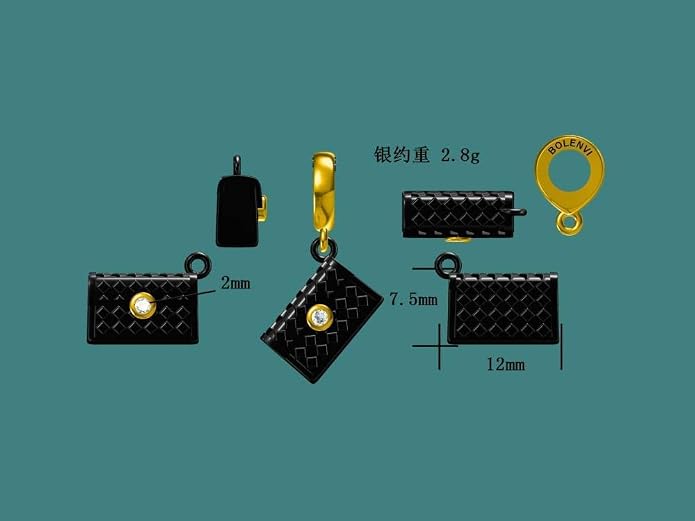Designer Purse Bag Gold Black on 925 Sterling Silver Pendant Charm Bead For Pandora & Similar Charm Bracelets or Necklaces