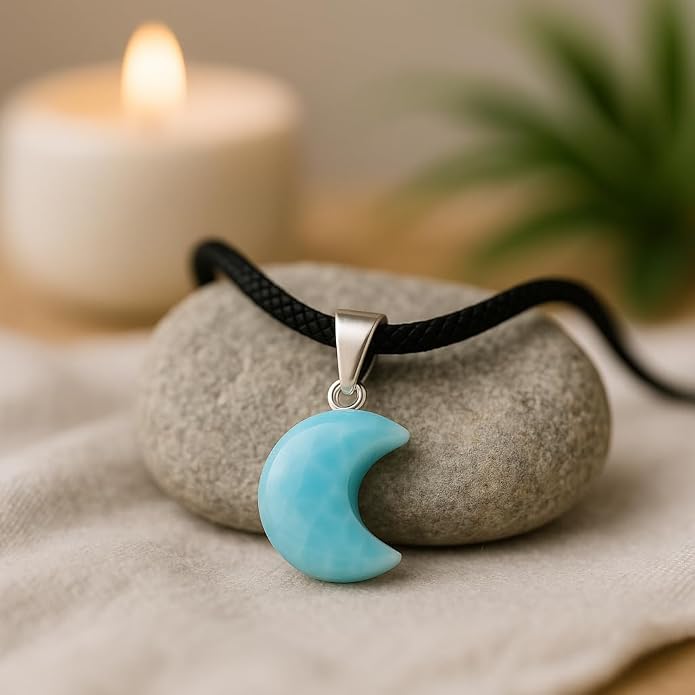 Handmade Larimar Crescent Moon Pendant Necklace – 925 Sterling Silver – Authentic Dominican Gemstone Jewelry – Healing Crystal Gift for Women & Men