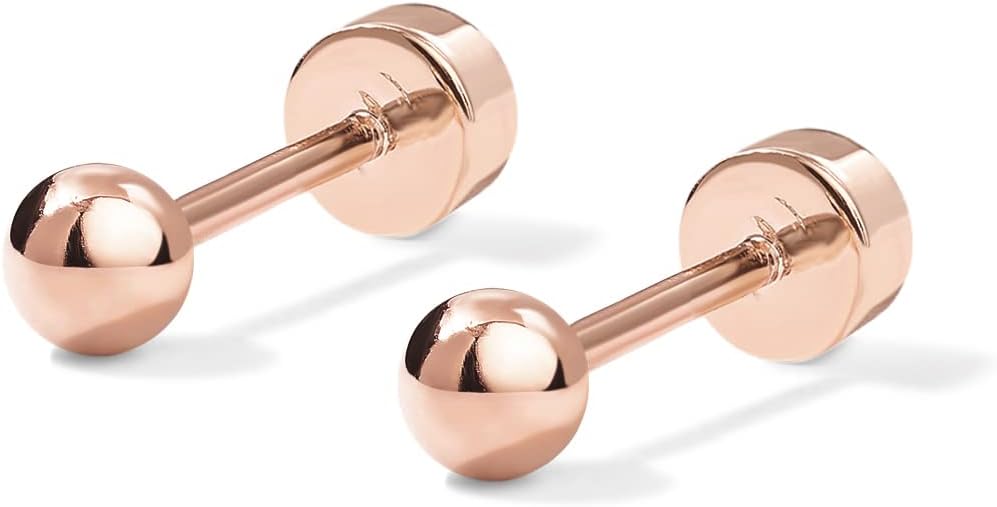 PAVOI 14K Gold Plated Solid 925 Sterling Silver Posts Dainty Ball Stud Flatback Earrings for Women - Cartilage Helix Piercing Jewelry - Small Screwbacks Stud Earrings for Women