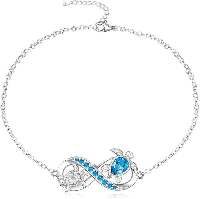 Fenthring Turtle Anklet S925 Sterling Silver Blue Opal Sea Turtle Ankle Bracelets for Women Infinity Wave Ocean Beach Summer Foot Bracelet Jewelry Layered Adjustable