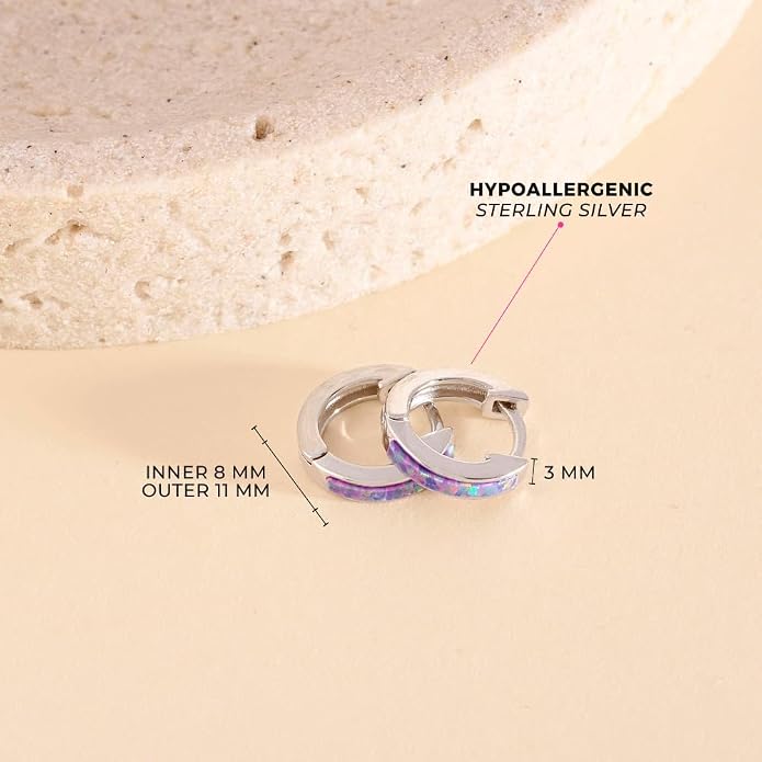 In Season Jewelry Simulated Opal Inlay Girls Hoop Earrings for Kids - 925 Sterling Silver Little Girl Hoop Earrings - Hypoallergenic & Comfortable with Secure Latch Closure
