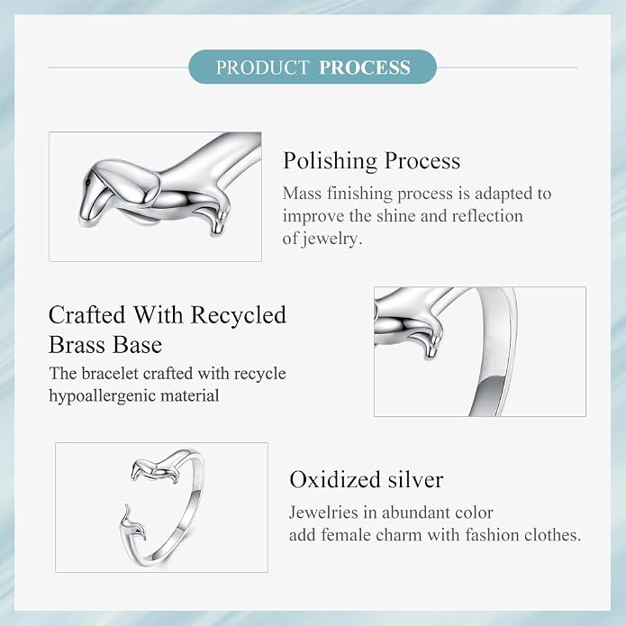 Animal Open Adjustable Ring Playful Cat Dachshund Snake Koi Fish Hummingbird Bat Heart Feather Stacking Ring for Women, Sterling Silver Plated Pet Memorial Jewelry Gift for Cat Lovers