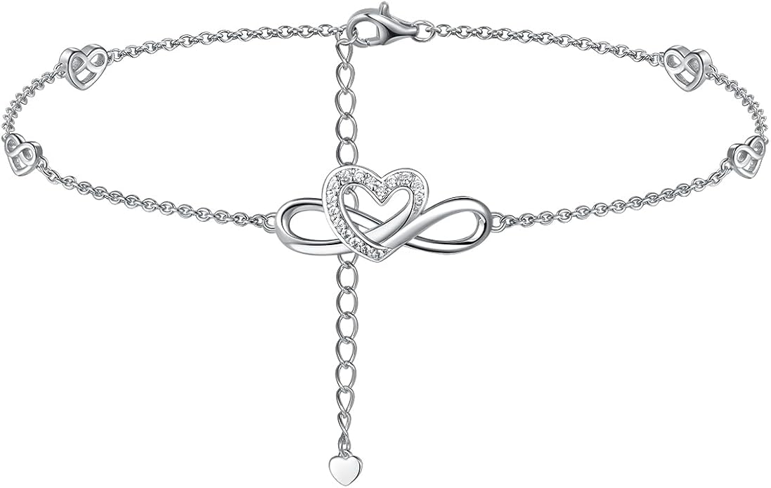 Moissanite Infinity Anklet for Women, Real Authentic 925 Sterling Silver Hypoallergenic, Beautiful Summer Jewelry, Dainty Ankle Bracelet, 8.6-10.6inch (21-26cm) Adjustable