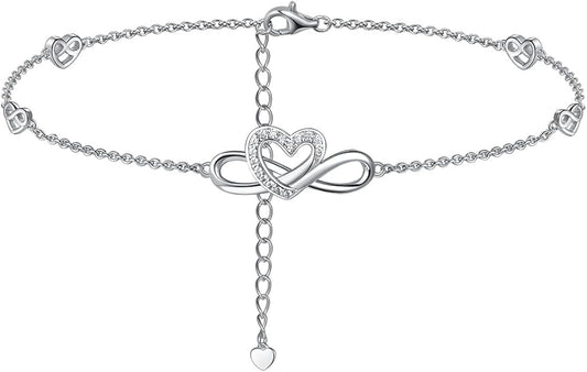 Moissanite Infinity Anklet for Women, Real Authentic 925 Sterling Silver Hypoallergenic, Beautiful Summer Jewelry, Dainty Ankle Bracelet, 8.6-10.6inch (21-26cm) Adjustable