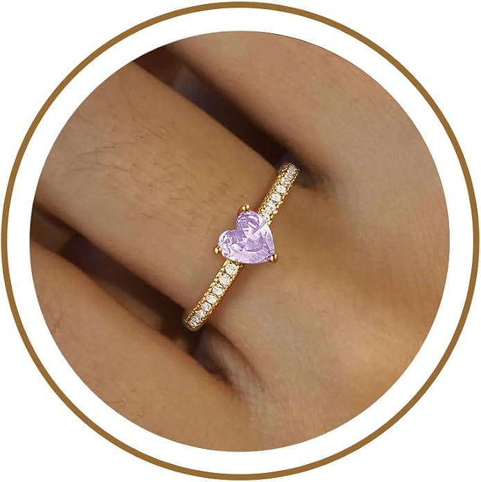 Honsny Heart Birthstone Gold Rings for Women Non Tarnish 14K Gold Plated Stackable CZ Gemstone Emerald Pinky Ring Dainty Engagement Promise Rings for Her Waterproof Jewelry Graduation Gifts Size 6-10