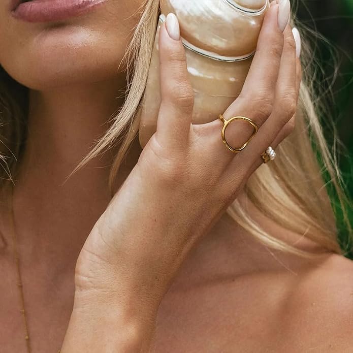 ADAJURI Minimalist Sculptural Hollow Circle Rings For Women | 18K Gold Plated Stainless Steel Water-Resistant Promise Oval Rings | Dainty Jewelry Gifts Perfect For Daily Anillos