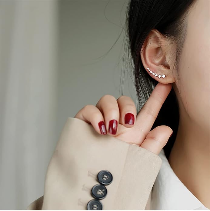 Reffeer Solid 925 Sterling Silver 7 Crystals Cuff Earrings Climber for Women Crawler Earrings Wraps