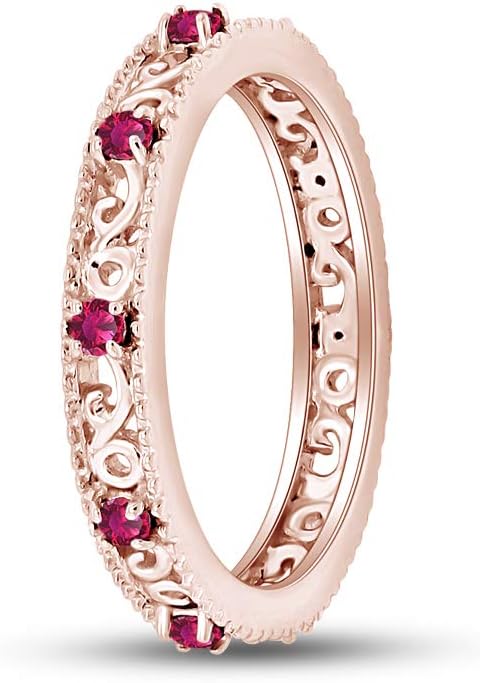 Jewel Zone US Filigree Eternity Wedding Band Ring for Women, Round Cut Simulated Gemstone Stackable Promise Ring in 14K Gold Plated 925 Sterling Silver Band Width 3.5mm – Elegant Jewelry for Her