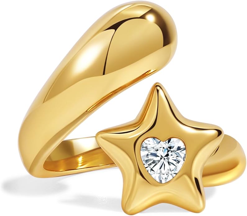 Chunky Gold Rings for Women Stainless Steel Non Tarnish Star&Heart Cubic Zirconia Teardrop Ring 18K Gold Plated Statement Dome Rings Stackable Jewelry for Women