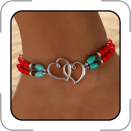 Elastic Beaded Ankle Bracelets for Women Double Heart Layered Stretch Ankle Bracelets Waterproof Dainty Boho Beaded Anklets for Summer Beach Foot Jewelry