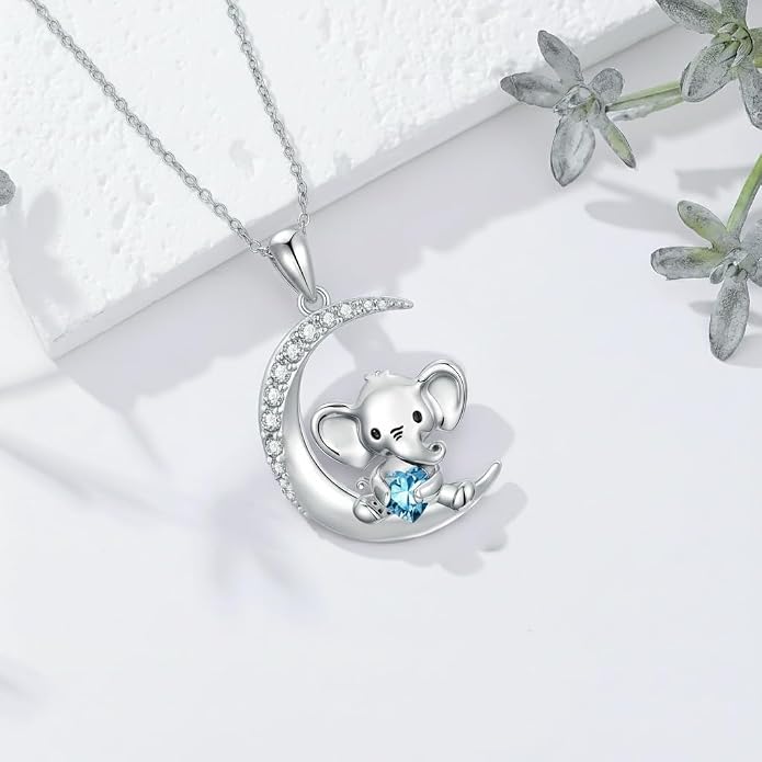 PROESS Animal Birthstone Necklace 925 Sterling Silver Otter/Axolotl/Hippo/Elephant/Dachshund/Monkey/Red Panda Pendant Necklace Animal Birthstone Jewelry Gifts for Women