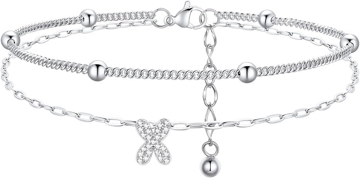FindChic Silver/14K Gold Plated Layered CZ Initial Ankle Bracelet for Women | Waterproof Stainless Steel, Cubic Zirconia Letter Charm, Non-Tarnish, Hypoallergenic, Adjustable Extender, Summer Jewelry